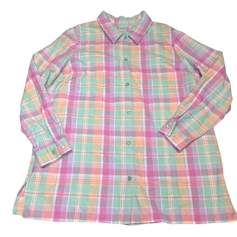 NWOT Blair Womens Large Pastel Plaid Flannel Shirt 100% Cotton Pink Green